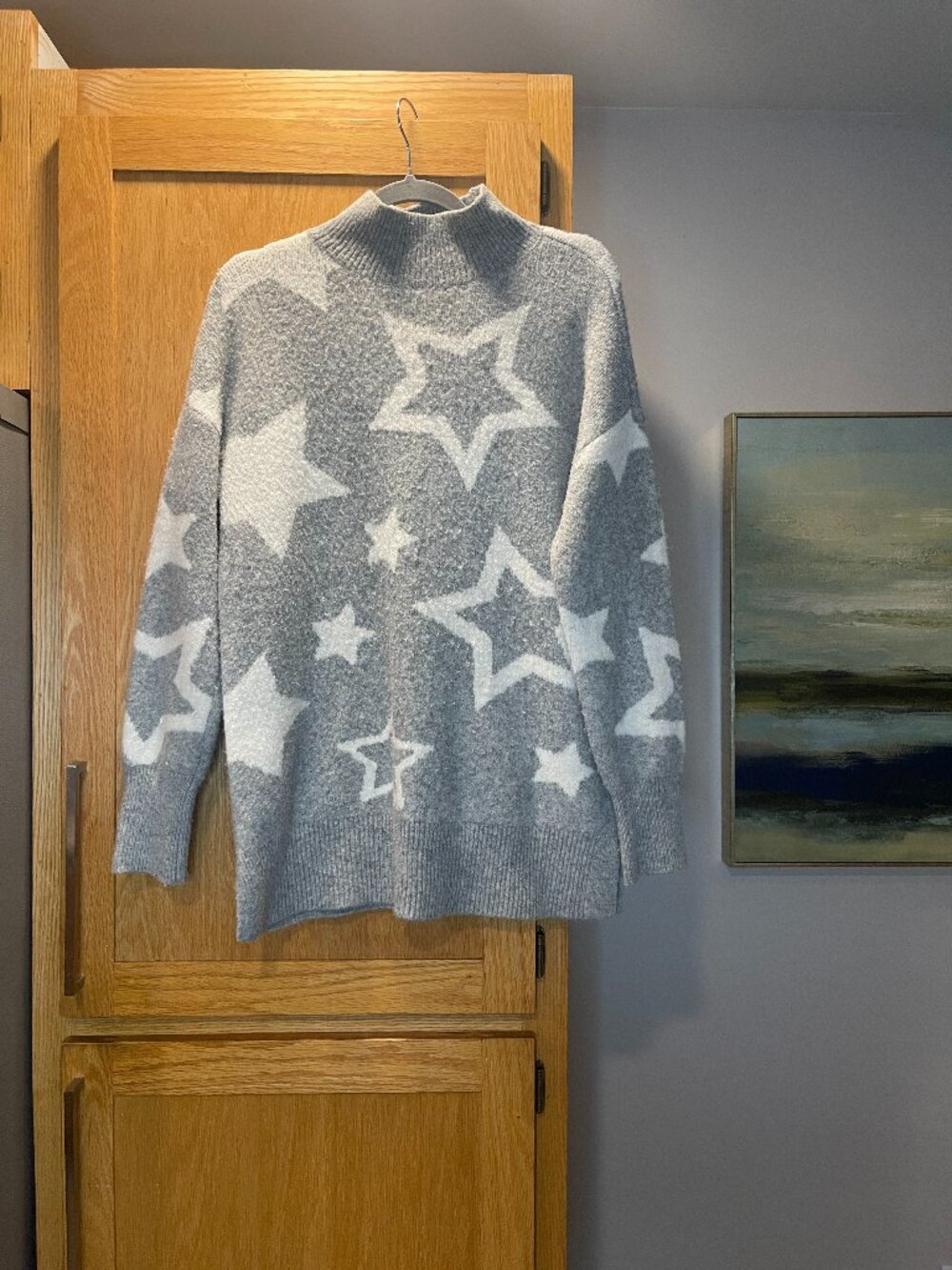 Lou & Grey Mock Neck Sweather Grey /White Stars Size S Casual Career Cozy Warm